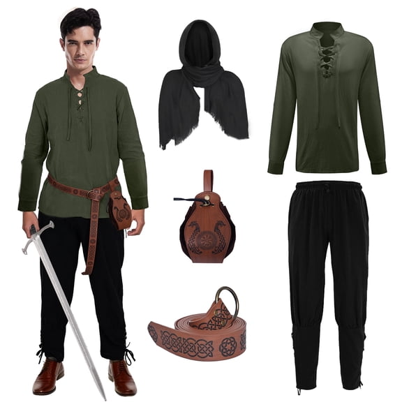 WASFDN 5 Pcs Men's Renaissance Costume Medieval Pirate Shirt Ankle Banded Pants Viking Costume Accessories Set,Style 3,M