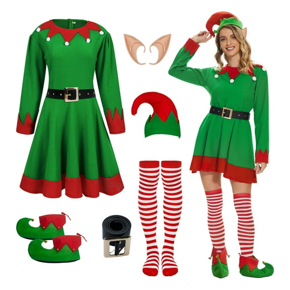 WASFDN 6Pcs Womens Christmas Elf Costume Adult Santa Helper Costume Christmas Dress Accessory for Xmas Fancy Outfit Party,L