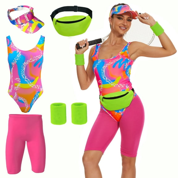 WASFDN 80s Workout Costume for Women Halloween Cosplay Couples Outfits Swimwear Suit 80s 90s Workout Costume Outfit 5Pcs Set,XL