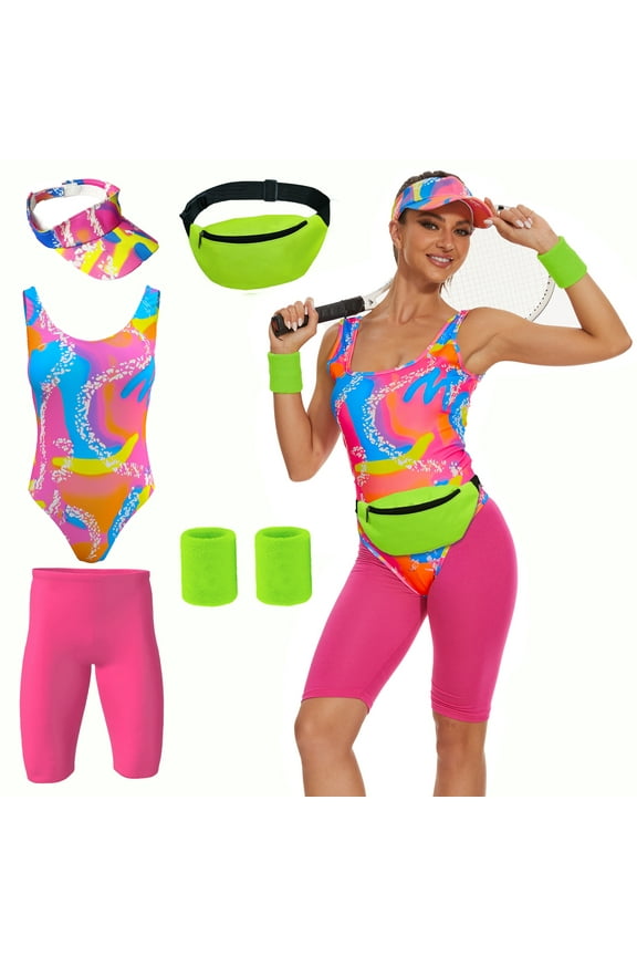 80s Workout Costume for Women Halloween Cosplay Couples Outfits Swimwear Suit 80s 90s Workout Costume Outfit 5Pcs Set,XL