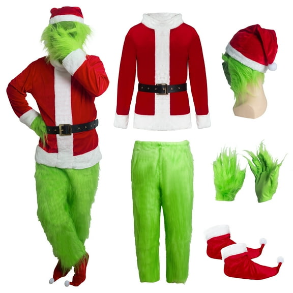 WASFDN Adult Christmas Costumes Men,Green Big Monster 6PCS Deluxe Santa Suit Furry Xmas Halloween Cosplay Outfit,L