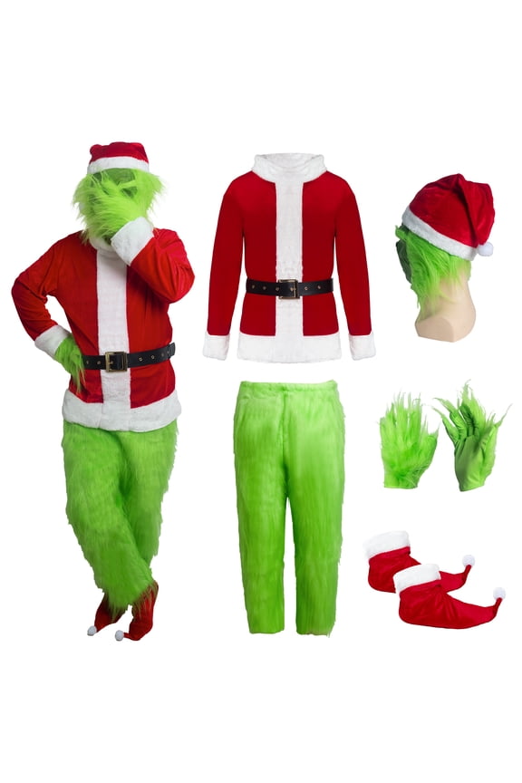 Adult Christmas Costumes Men,Green Big Monster 6PCS Deluxe Santa Suit Furry Xmas Halloween Cosplay Outfit,XL