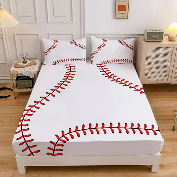 WASFDN Baseball Sheet Set Sports Theme Bedding Set for Kids 3D Baseball Pattern Bed Sheets Baseball Games Bed Sheet Set Room Decor,Queen Size,Baseball C