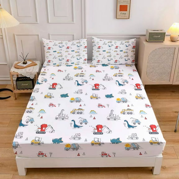 WASFDN Cartoon Excavator Sheet Set for Kids Boys Truck Construction Bedding Set Engineering Vehicle Bed Sheet Sets with 1 Fitted Sheet and 2 Pillowcases,Twin Size,Style B