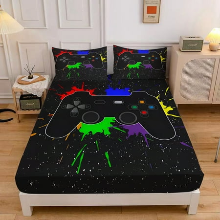 WASFDN Gamer Sheet Set for Kids Teens Gamepad Fitted Sheet Video Games Bedding Set 3pcs with 1 Fitted Sheet and 2 Pillowcases,Gamer Bed Sheet Sets,Full Size,Style B
