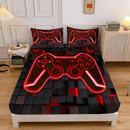 WASFDN Gamer Sheet Set for Kids Teens Gamepad Fitted Sheet Video Games Bedding Set 3pcs with 1 Fitted Sheet and 2 Pillowcases,Gamer Bed Sheet Sets,Twin Size,Style A