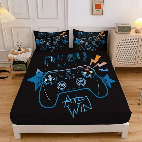 WASFDN Gamer Sheet Set for Kids Teens Gamepad Fitted Sheet Video Games Bedding Set 3pcs with 1 Fitted Sheet and 2 Pillowcases,Gamer Bed Sheet Sets,Twin Size,Style C