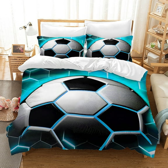 WASFDN Kids Duvet Cover Football Bedding Set for Children Boys 3D Printed Soccer Quilt Cover Set with 2 Pillowcases Sports Theme Comforter Cover 3Pcs,Twin Size,Style A