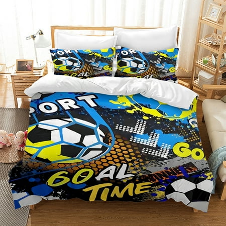 WASFDN Kids Duvet Cover Football Bedding Set for Children Boys 3D Printed Soccer Quilt Cover Set with 2 Pillowcases Sports Theme Comforter Cover 3Pcs,Twin Size,Style B