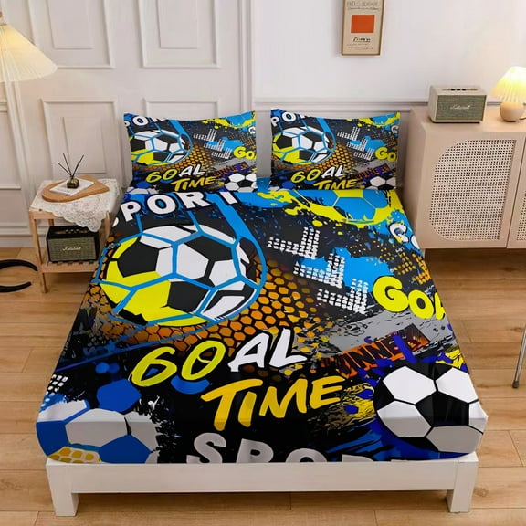 WASFDN Kids Football Sheet Set 3D Printed Soccer Fitted Sheet Sports Theme Bedding Set for Teens,Football Bed Sheet Sets with 1 Fitted Sheet and 2 Pillowcases,Twin Size,Style B