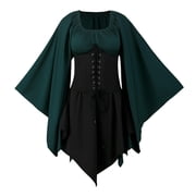 WASFDN Medieval Dress With Trumpet Sleeves Ladies, Traditional Irish Dress, Renaissance Gothic Retro Dress, Victorian Cosplay Dress for Halloween Carnival,S