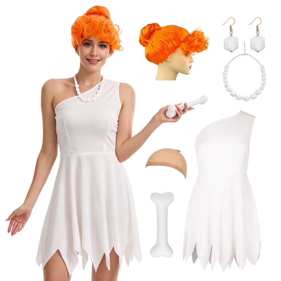 WASFDN Women Cavemen Costume Stone Age White One Shoulder Dress Irregular Hem with Accessories,L