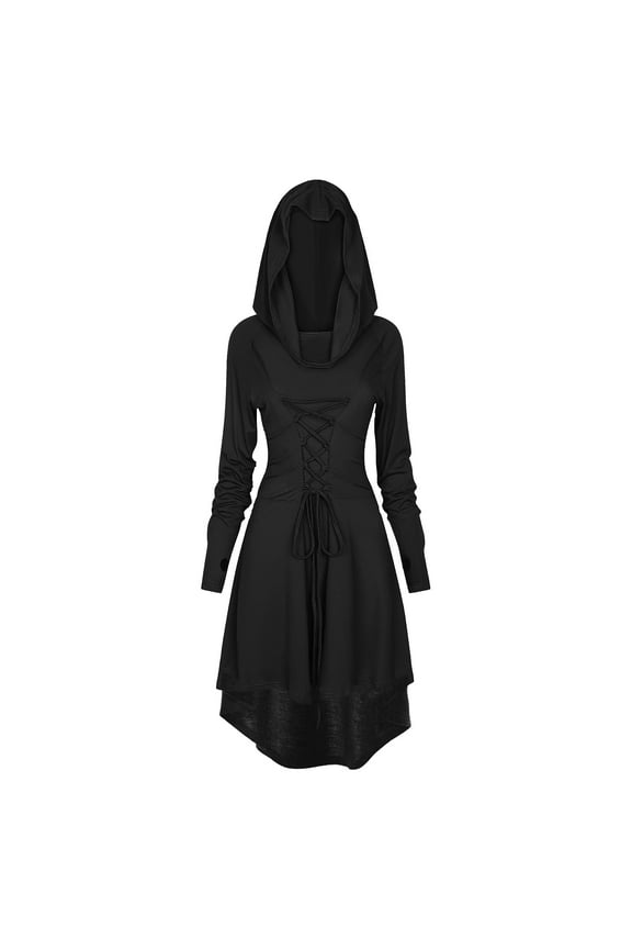 Womens Renaissance Costumes Hooded Robe Lace Up Renaissance Dress Women Halloween Vintage Medieval Cloak(Black,S)