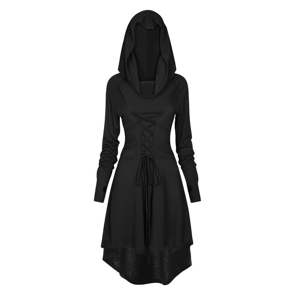 WASFDN Womens Renaissance Costumes Hooded Robe Lace Up Renaissance Dress Women Halloween Vintage Medieval Cloak(Black,S)