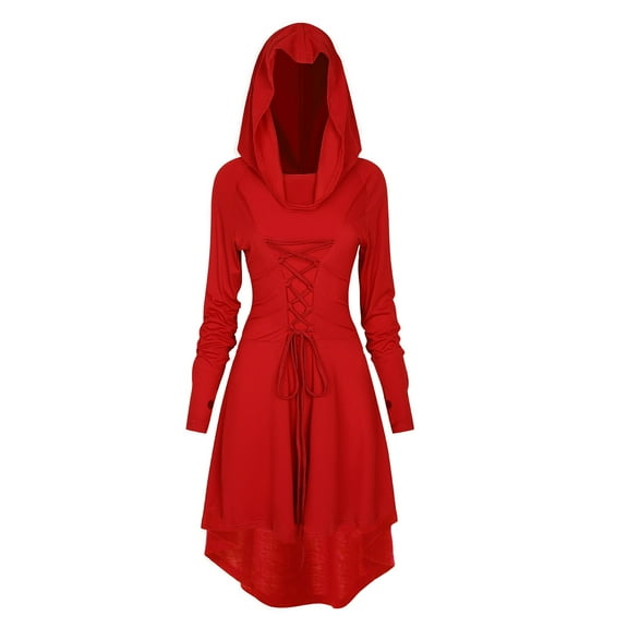 WASFDN Womens Renaissance Costumes Hooded Robe Lace Up Renaissance Dress Women Halloween Vintage Medieval Cloak(Red,L)
