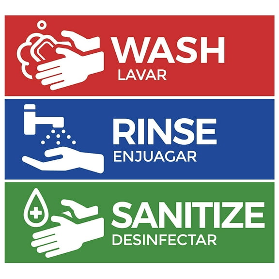 WASH, Rinse, SANITIZE Stickers, 2.75" X 9", 1 of Each Sticker