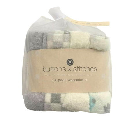 WASHCLOTHS PACK 24 - BUTTONS & STITCHES - ELEPHANT AQUA - UNISEX SOFT BABY BATH