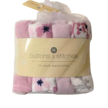 WASHCLOTHS PACK 24 - BUTTONS & STITCHES - FLOWER PURPLE - GIRLS SOFT BABY BATH