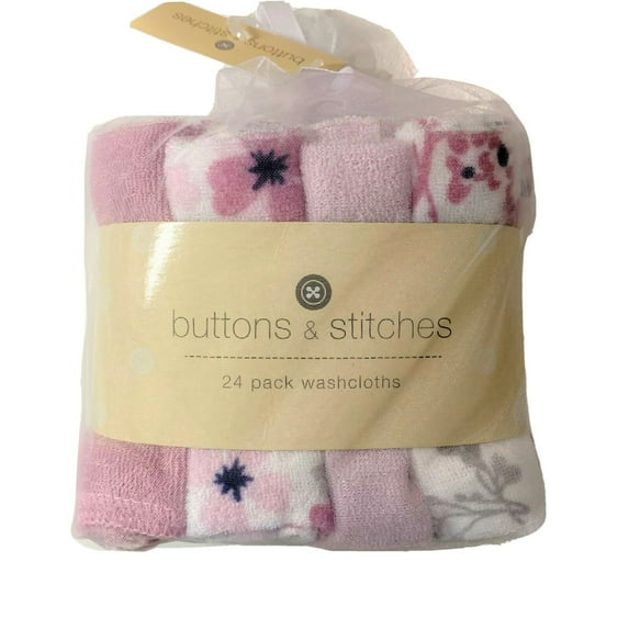 WASHCLOTHS PACK 24 - BUTTONS & STITCHES - FLOWER PURPLE - GIRLS SOFT BABY BATH