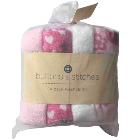 WASHCLOTHS PACK 24 - BUTTONS & STITCHES - HEARTS PINK - GIRLS SOFT BABY BATH
