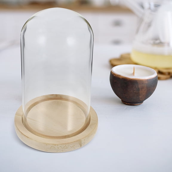 WASHWEPE 1Set Clear Glass Dome with Wooden Base for Eternal Flower Preservation and Home Display