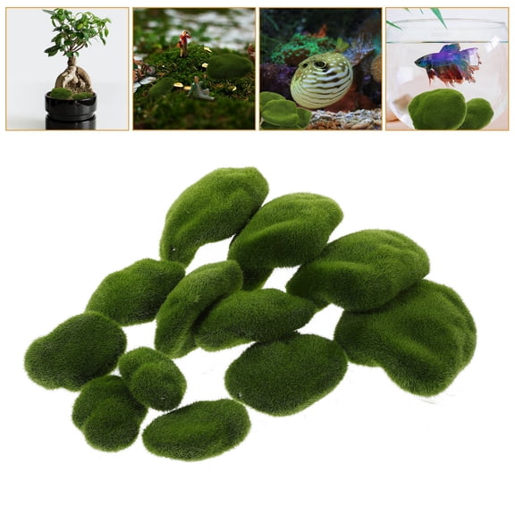 WASHWEPE 12Pcs Moss Covered Stones Foam Flocking Irregular Shape Realistic Design Indoor Plant Decor