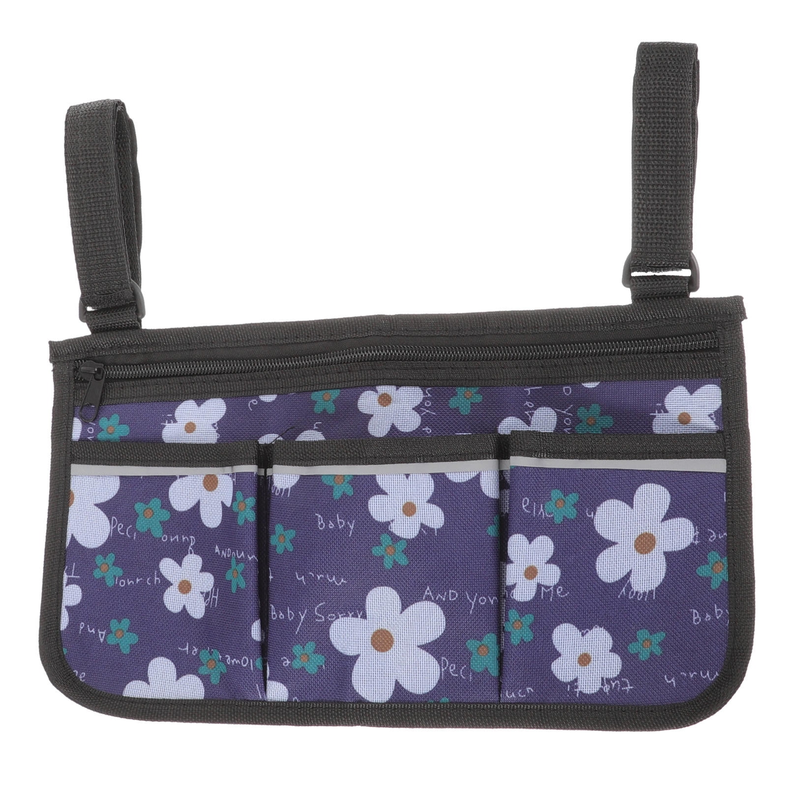 WASHWEPE 1Pack Armrest Hanging Bag Rectangular Lightweight Walker Side Bag Blue with Small Flower Pattern