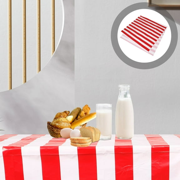 WASHWEPE 1Pack Red and White Striped Tablecloth for Circus Themed Parties 11x54in Plastic