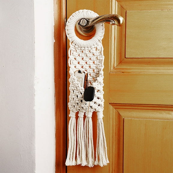 WASHWEPE 1Pack Woven Tapestry Doorknob Holder White Cotton Handmade Woven Tassel Rack 45x11Cm