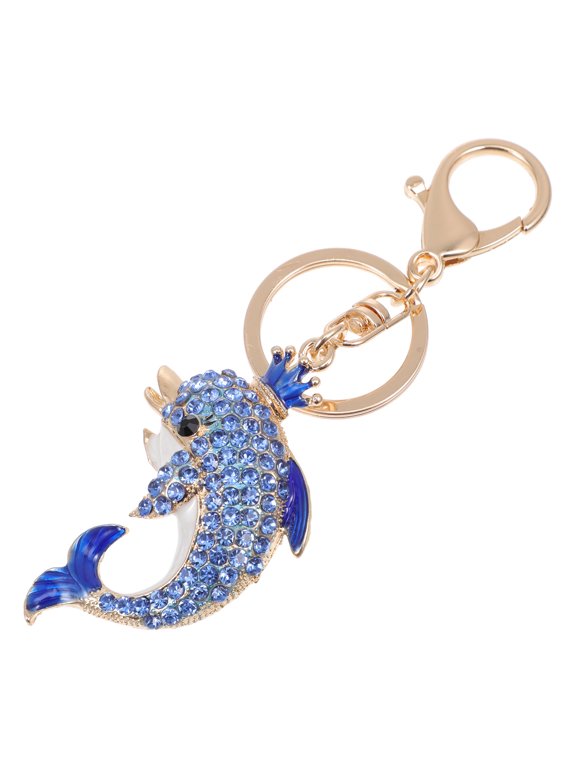 Rhinestone-Embedded Dolphin Keychain Blue Metal Creative Pendant for Decor