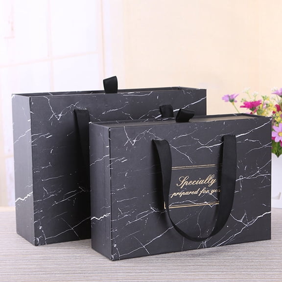 WASHWEPE 1Pc Oblong Black Marble Packaging Box with Drawer Structure and Handy Strap for Wrapping