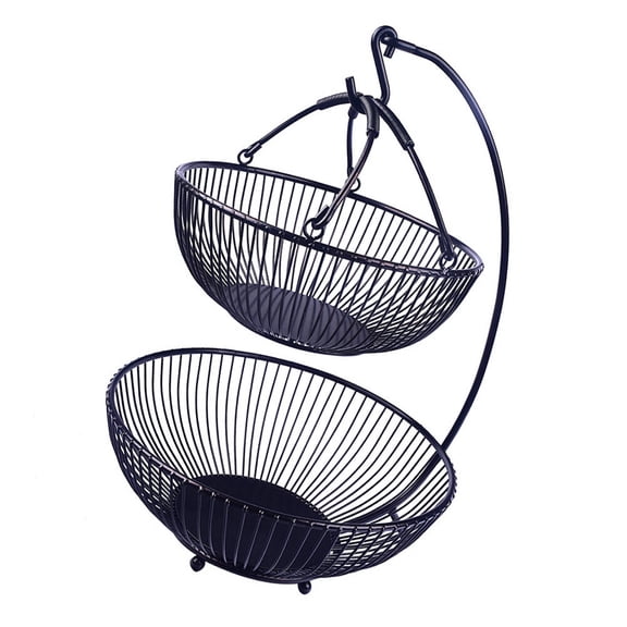 WASHWEPE 1Pcs Fruit Storage Basket Iron Double Layer Black For Kitchen And Home Decoration