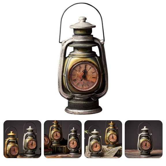 WASHWEPE 1Pcs Retro Clock Decoration Resin Kerosene Lamp Clock for Coffee Shop 11.6x4.9x3.9in