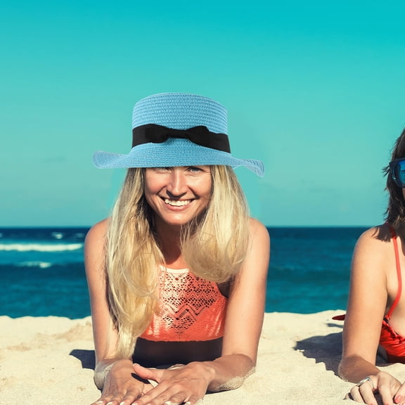 WASHWEPE 1Set Bowler Beach Cap Dome Shape Sky Blue Straw Blends Sun Protection Ladies Summer Hats