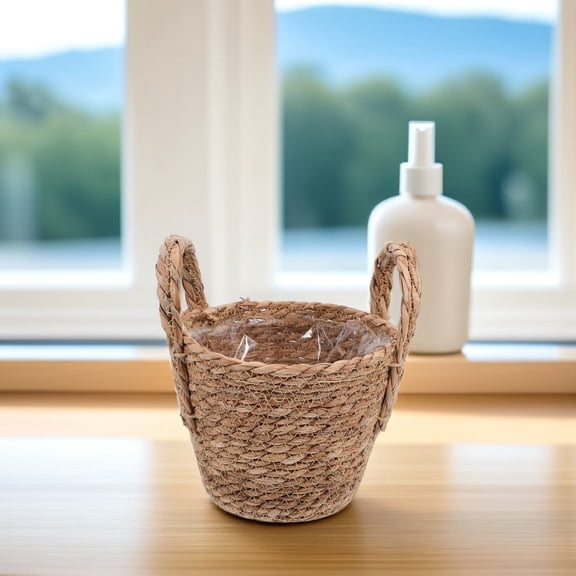 WASHWEPE 1Set Round Bulrush Woven Belly Basket for Farmhouse Decor 11.6X11.6X5.9in