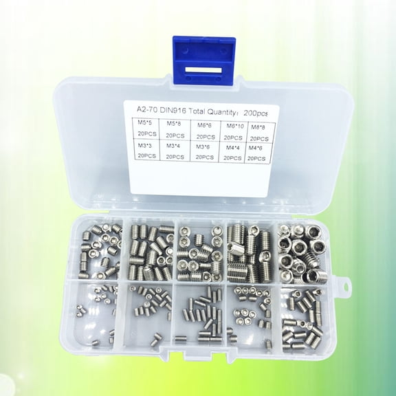 WASHWEPE 200Pcs Stainless Steel Grub Screw Assortment Kit Hex Allen Head Socket Fastening