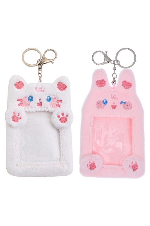 Cute Fuzzy Photocard Keychain, Assorted Colors, Soft and Durable, Secure Metal Keyring for Hanging