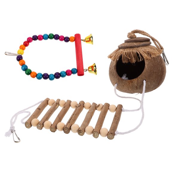 WASHWEPE 2Pcs Natural Coconut Shell Bird House for Parakeets Hanging Hide Breeding Support 75X13X13in