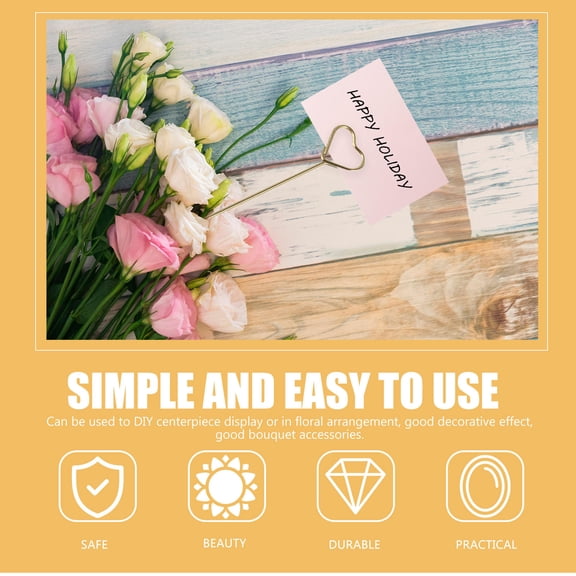 WASHWEPE 30Pcs Heart Shape Place Card Holders Golden Floral Picks for Table Number and Picture Display