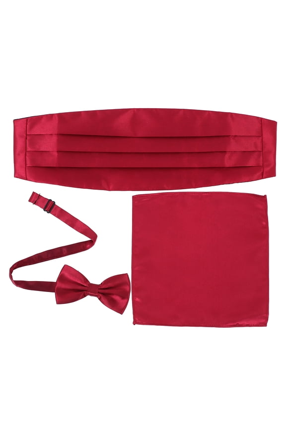 3Pcs Elegant Red Bow Tie Cummerbund and Pocket Square Set for Mens Formal Wear
