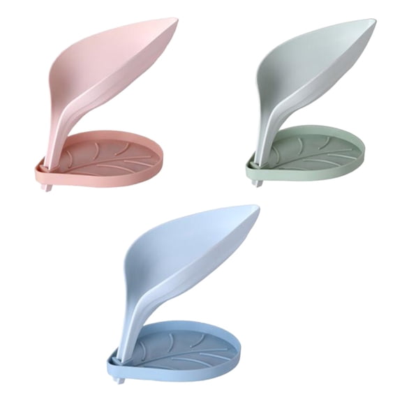 WASHWEPE 3Pcs Leaf Shaped Soap Case Double Layer PP Green Blue Pink 14.5x13cm