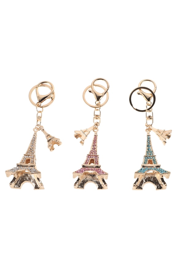 3Pcs Elegant Metal Eiffel Tower Keychain with Rhinestones Unique French Souvenir Accessory