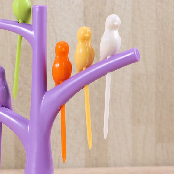 WASHWEPE 6-Piece Bird Fruit Fork Set with Tree Holder, Reusable Cocktail Picks Serving Skewers for Appetizers, Dessert and Snacks