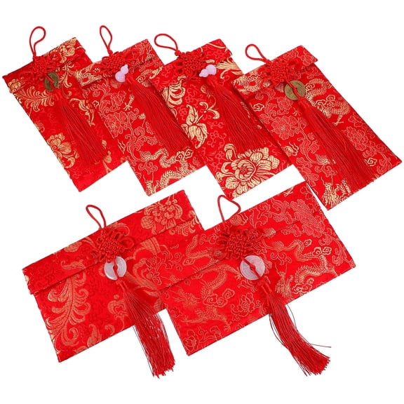 WASHWEPE 6Pcs Red Silk Brocade Envelopes For Chinese New Year Weddings And Special Occasions
