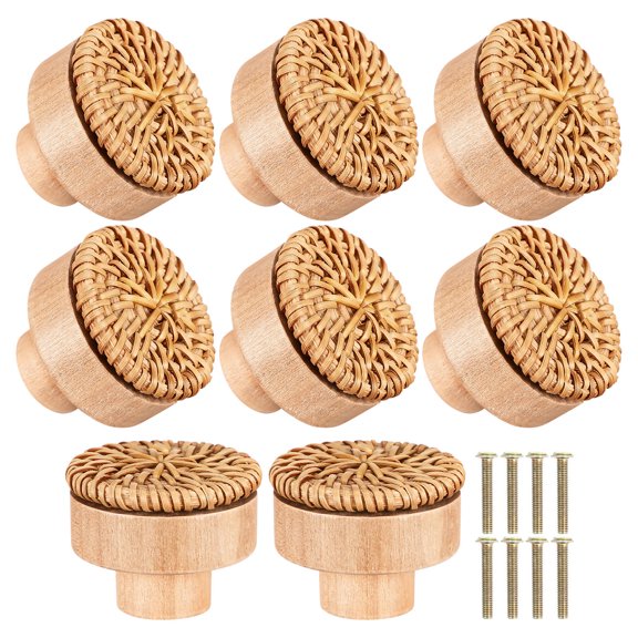 WASHWEPE 8Pcs Beige Rattan Drawer Pulls Woven Wood Knobs Farmhouse Cabinet Door Handles
