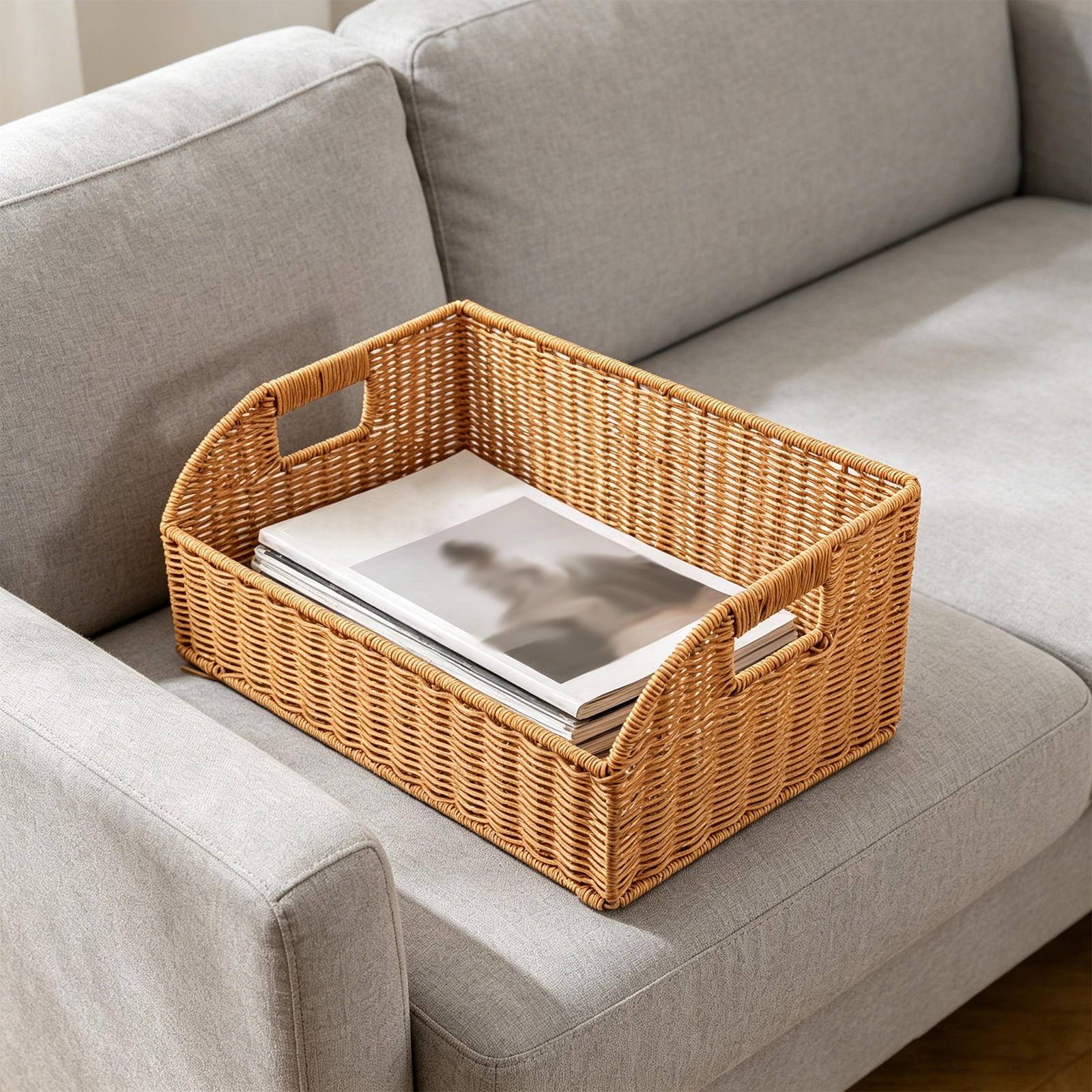 WASHWEPE Beige Pantry Storage Basket Hand Woven Plastic Space Saving ...