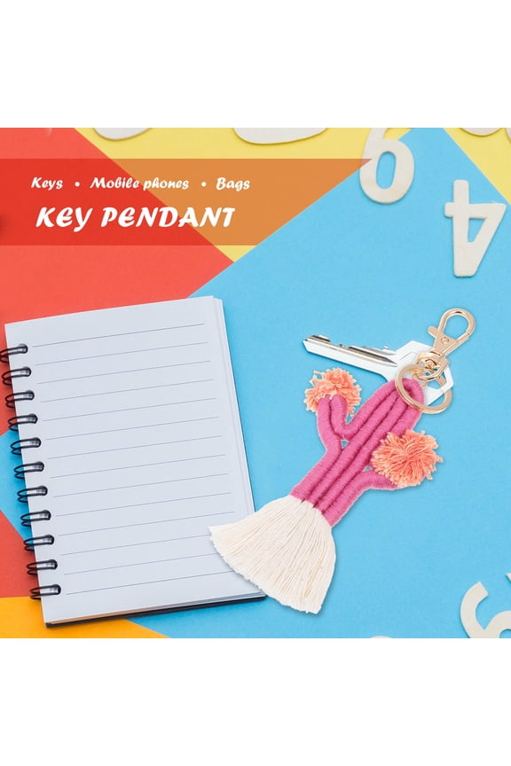 Cactus Shape Keyring Pendant Handwoven Keychain Cotton Rope Pink 1Set for Women