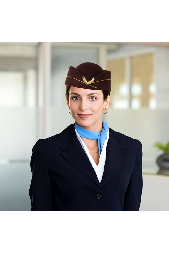 Flight Attendant Cap Coffee Color Felt Hat for Uniform and Cosplay Events