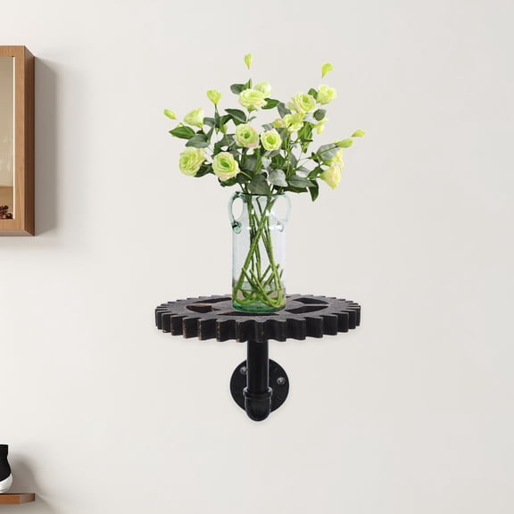 WASHWEPE Black Wrought Iron Industrial Floating Shelf with Gear Design for Kitchen Living Room Storage