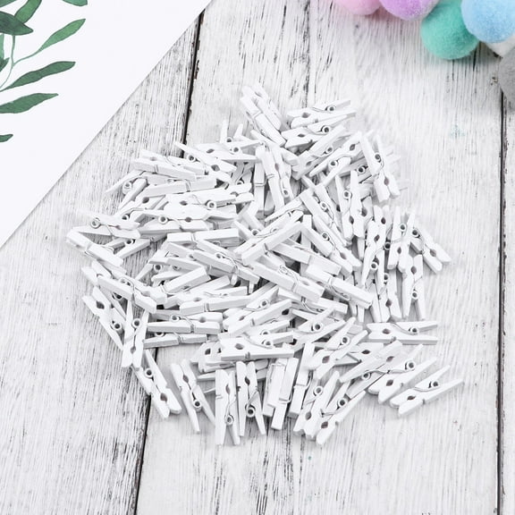 WASHWEPE Mini Paper Clips 100Pcs White Wood Small Clothes Pins Bulk for Organizing Pictures Cable Management 25x3Mm